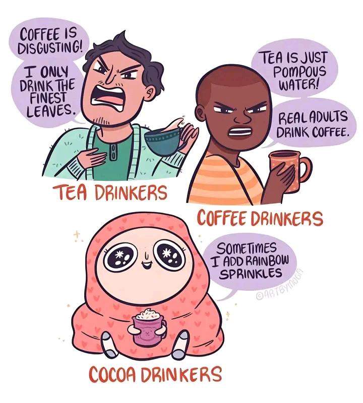 Obraz artysty art by Moga przedstawia trzy postacie pijące pobudzające napoje spierając się o ich wyższość, osoba pijąca kakao wydaje się być niekłótliwa w odróżnieniu od kawosza i herbatofila