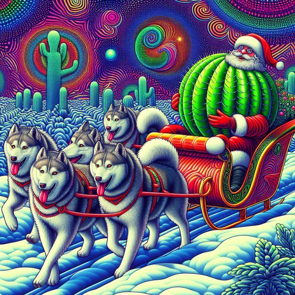 psy husky ciągnące sanie, w których siedzi Mikołaj trzymający okrągłego kaktusa, obrazek w stylistyce z lekka psychodelicznej