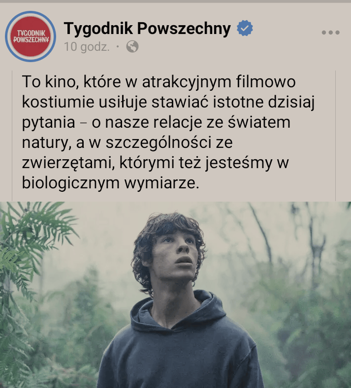 Zrzut z ekranu ze strony Tygodnika Powszechnego ze słowami: nasze relacje ze światem natury, a w szczególności ze zwierzętami, którymi też jesteśmy w biologicznym wymiarze